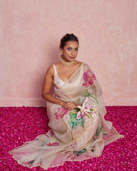 Soft Organza Floral Printed Handwork Saree.