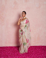 Soft Organza Floral Printed Handwork Saree.