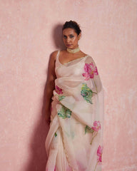 Soft Organza Floral Printed Handwork Saree.