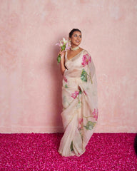 Soft Organza Floral Printed Handwork Saree.