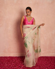 Soft Organza Floral Printed Handwork Saree.