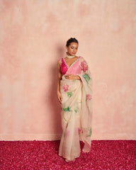 Soft Organza Floral Printed Handwork Saree.