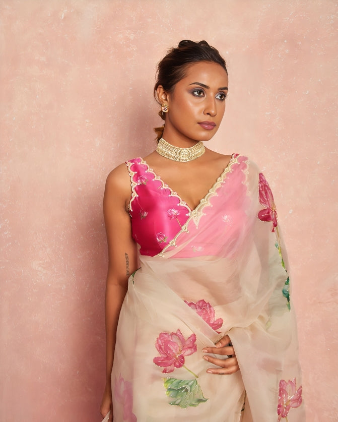 White Soft Organza Pink and green Floral Printed Handwork Saree