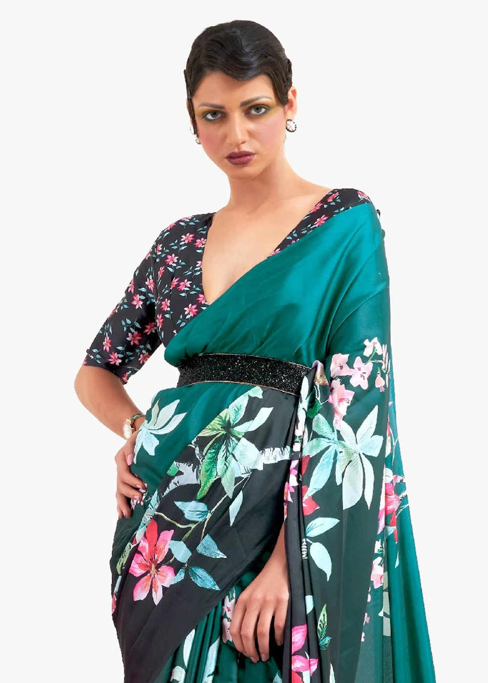 Digital Printed Satin Saree with Unstiched Blouse