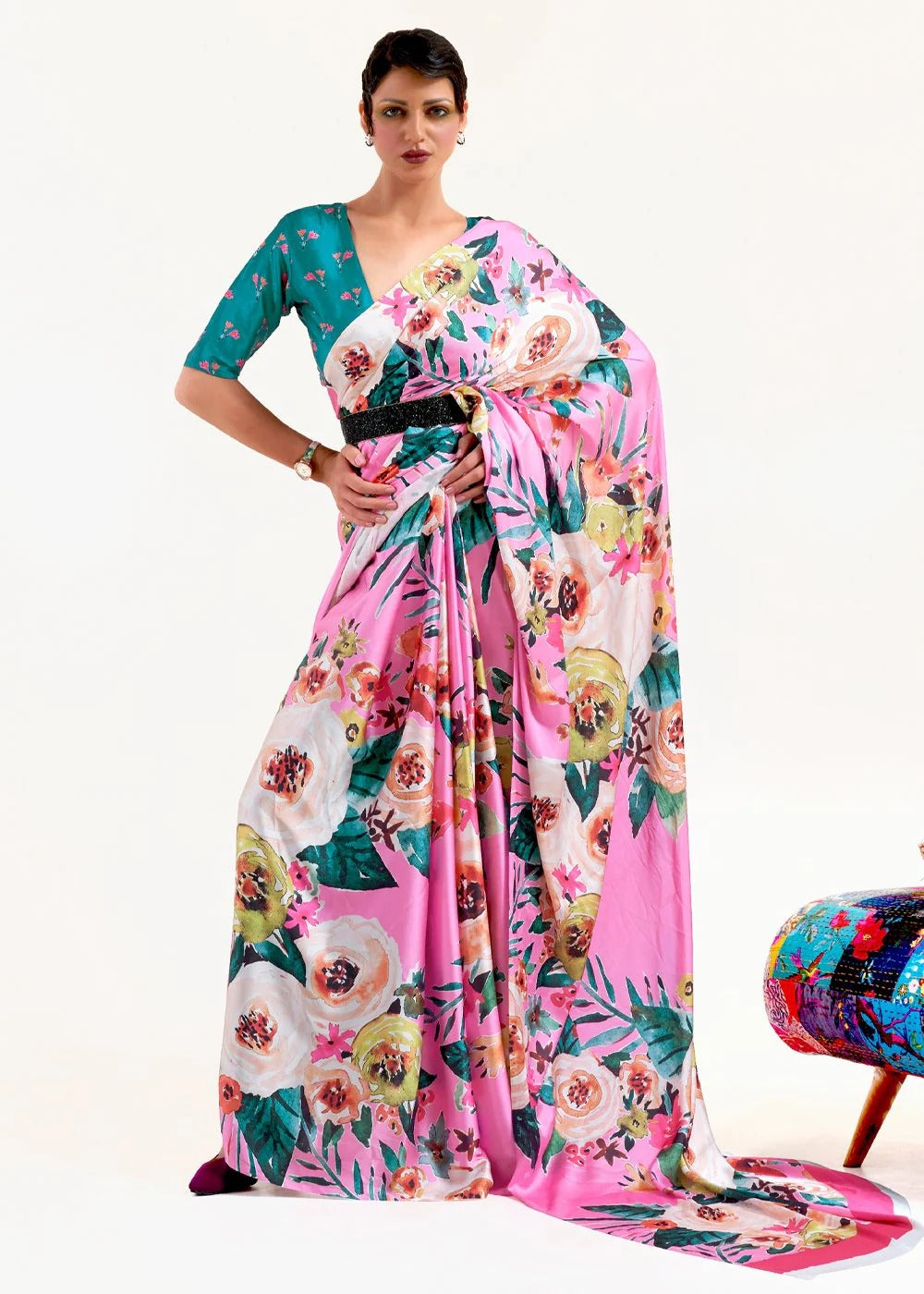 Digital Printed Satin Saree with Unstiched Blouse