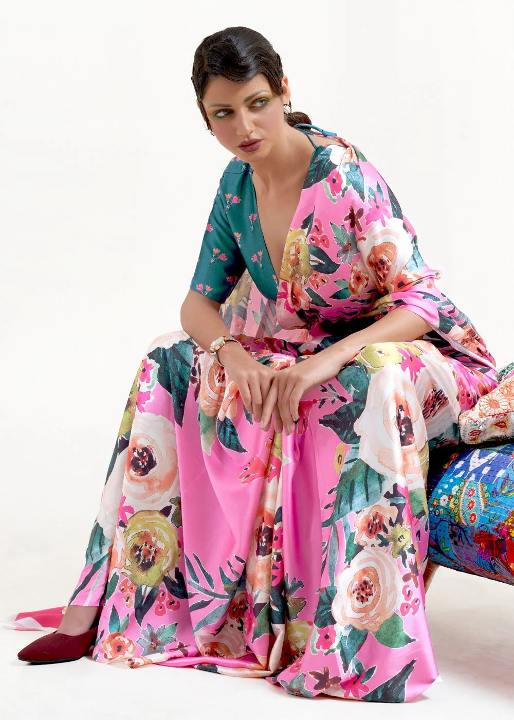 Digital Printed Satin Saree with Unstiched Blouse