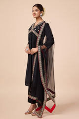 Black Silk Blend Alia-Cut Kurta, Pant & Net Dupatta