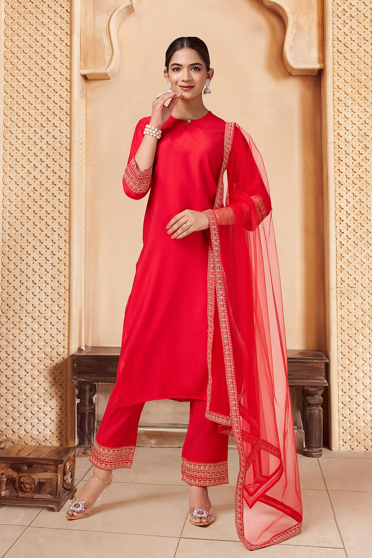 Red Silk Blend Kurta with Pant & Embroidered lace border Dupatta