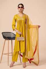 Yellow Silk blend Alia-Cut Embroidered Kurta with Pant & Net Dupatta