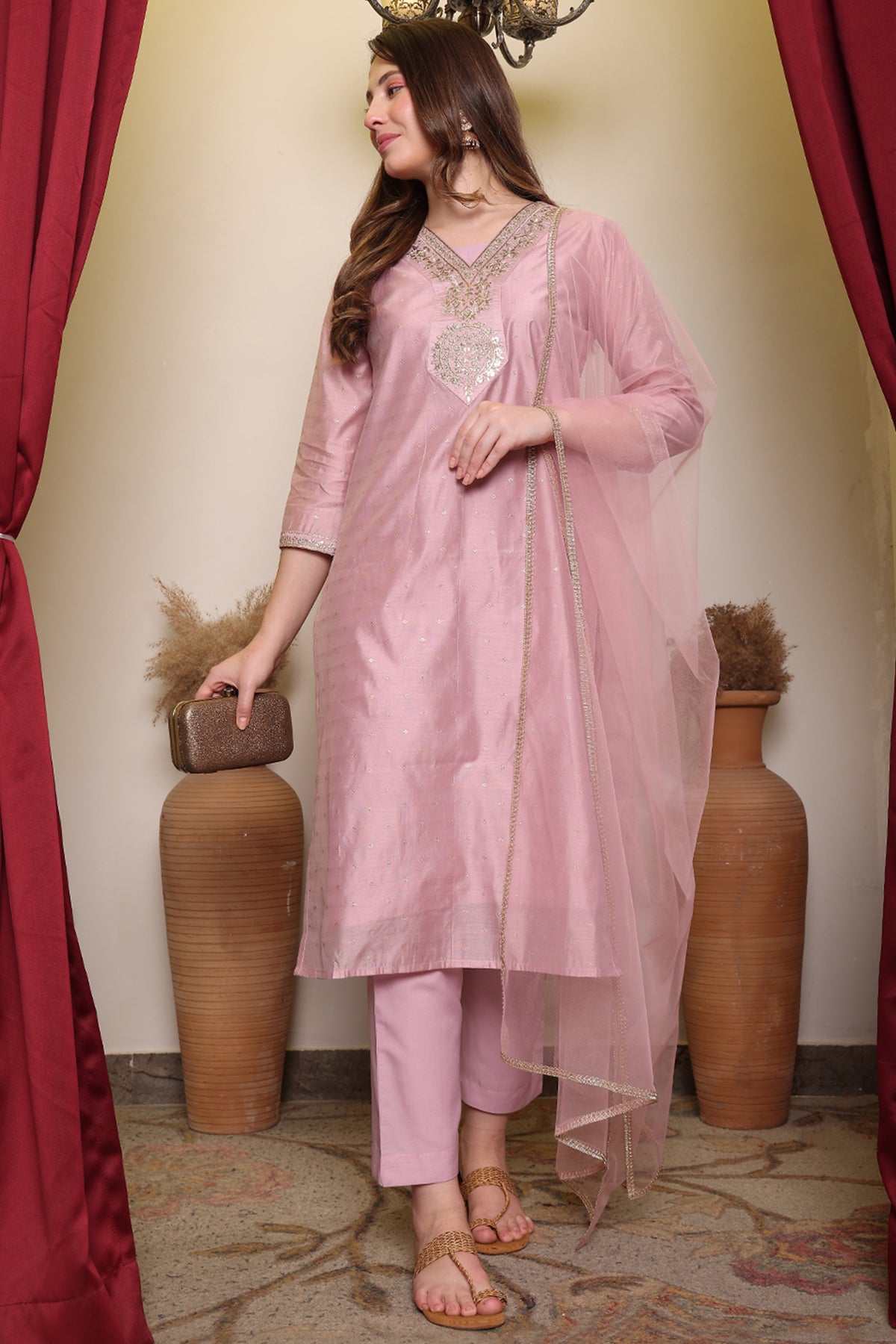 Pink Embroidered V-Neck Chanderi Kurta with Silk Pant & Net Dupatta