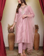 Pink Embroidered V-Neck Chanderi Kurta with Silk Pant & Net Dupatta