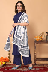 Blue Rayon Kurta, with Pant & Floral Printed Dupatta