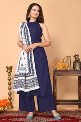 Blue Rayon Kurta, with Pant & Floral Printed Dupatta