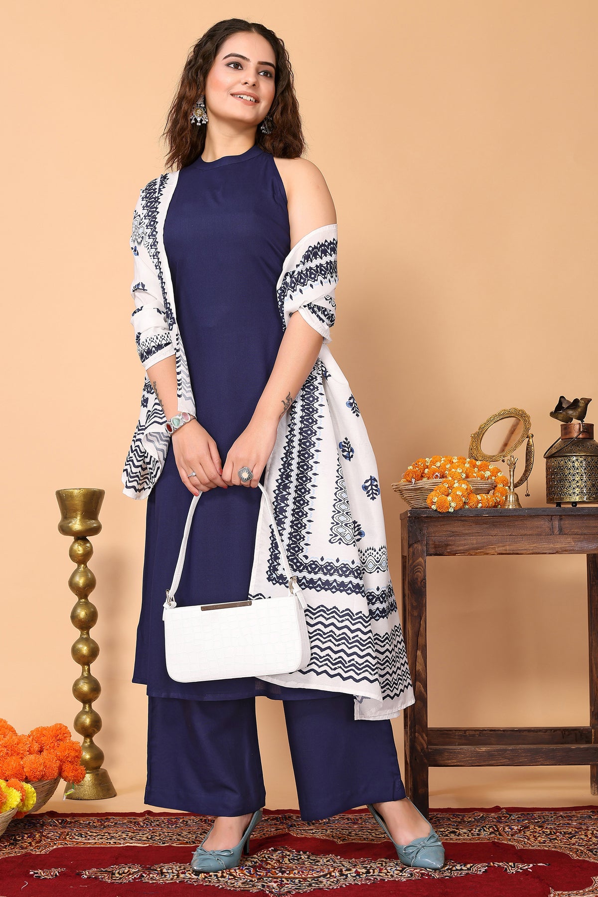 Blue Rayon Kurta, with Pant & Floral Printed Dupatta