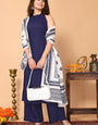 Blue Rayon Kurta, with Pant & Floral Printed Dupatta