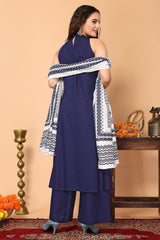 Blue Rayon Kurta, with Pant & Floral Printed Dupatta