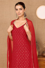 Red Georgette Embroidered Kurta with Garara & Dupatta