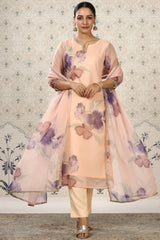 Peach Organza Floral Printed Kurta, with Pant & Dupatta