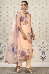 Peach Organza Floral Printed Kurta, with Pant & Dupatta