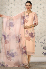 Peach Organza Floral Printed Kurta, with Pant & Dupatta