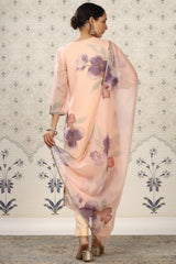 Peach Organza Floral Printed Kurta, with Pant & Dupatta