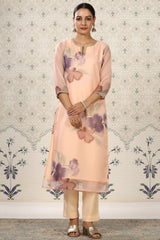 Peach Organza Floral Printed Kurta, with Pant & Dupatta