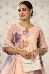 Peach Organza Floral Printed Kurta, with Pant & Dupatta