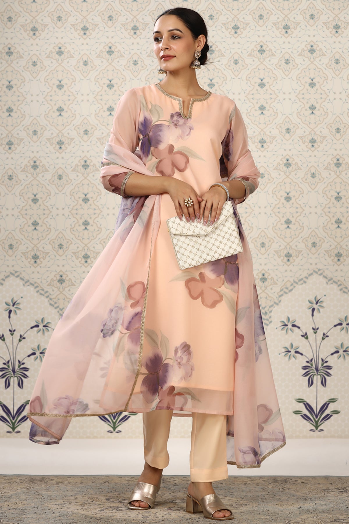 Peach Organza Floral Printed Kurta, with Pant & Dupatta