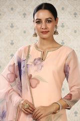 Peach Organza Floral Printed Kurta, with Pant & Dupatta