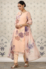 Peach Organza Floral Printed Kurta, with Pant & Dupatta