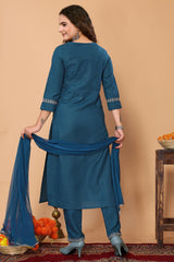 Blue Cotton Blend Embroidered Neck Kurta with Pant, & Dupatta.