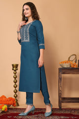 Blue Cotton Blend Embroidered Neck Kurta with Pant, & Dupatta.