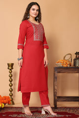 Red Cotton Blend Embroidered Neck Kurta with Pant, & Dupatta.