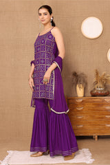 Purple Bandhani Foil Printed Kurta, Sharara, & Dupatta Set