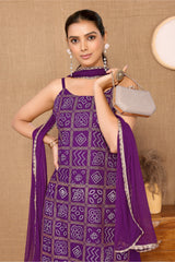 Purple Bandhani Foil Printed Kurta, Sharara, & Dupatta Set