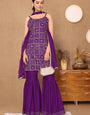 Purple Bandhani Foil Printed Kurta, Sharara, & Dupatta Set