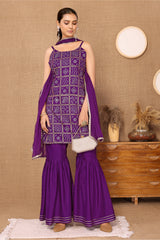 Purple Bandhani Foil Printed Kurta, Sharara, & Dupatta Set