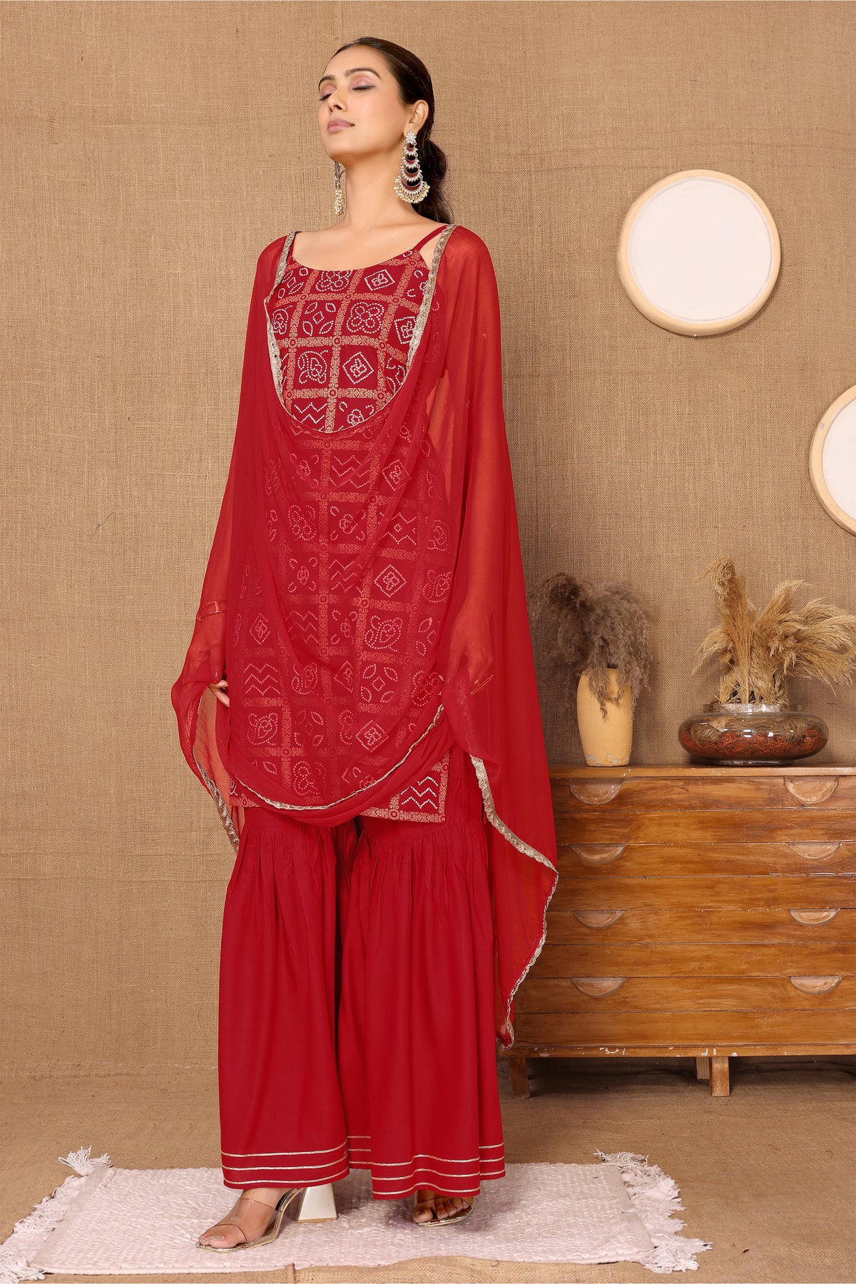 Red Bandhani Foil Printed Kurta, Sharara, & Dupatta Set