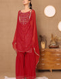 Red Bandhani Foil Printed Kurta, Sharara, & Dupatta Set