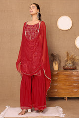 Red Bandhani Foil Printed Kurta, Sharara, & Dupatta Set