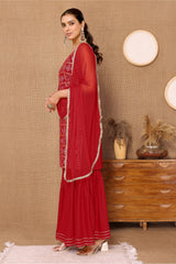 Red Bandhani Foil Printed Kurta, Sharara, & Dupatta Set