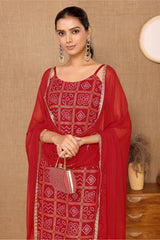 Red Bandhani Foil Printed Kurta, Sharara, & Dupatta Set