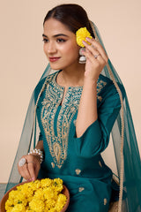 Teal Silk Blend Embroidered Kurta with Pant & Net Dupatta