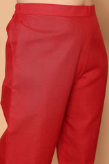 Red Cotton Blend Embroidered Neck Kurta with Pant, & Dupatta.