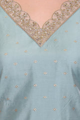 Chanderi Cotton Silk Kurta, Pant, & Net Dupatta with Lining.