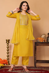 Yellow Cotton Blend Embroidered Neck Kurta with Pant, & Dupatta.