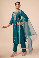 Teal Silk Blend Embroidered Kurta with Pant & Net Dupatta