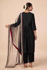 Black Silk Blend Alia-Cut Kurta, Pant & Net Dupatta