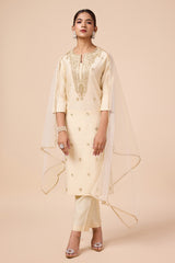 Silk Blend Embroidered Kurta with Pant & Net Dupatta