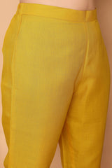 Yellow Cotton Blend Embroidered Neck Kurta with Pant, & Dupatta.